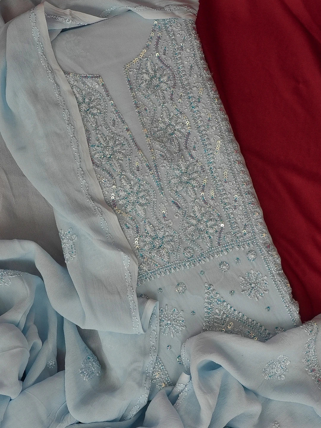 Ada Hand Embroidered Light Sky Blue Viscose Georgette Lucknowi Chikankari Unstitched Kurta Dupatta Set With Sequinned Work 01A539536