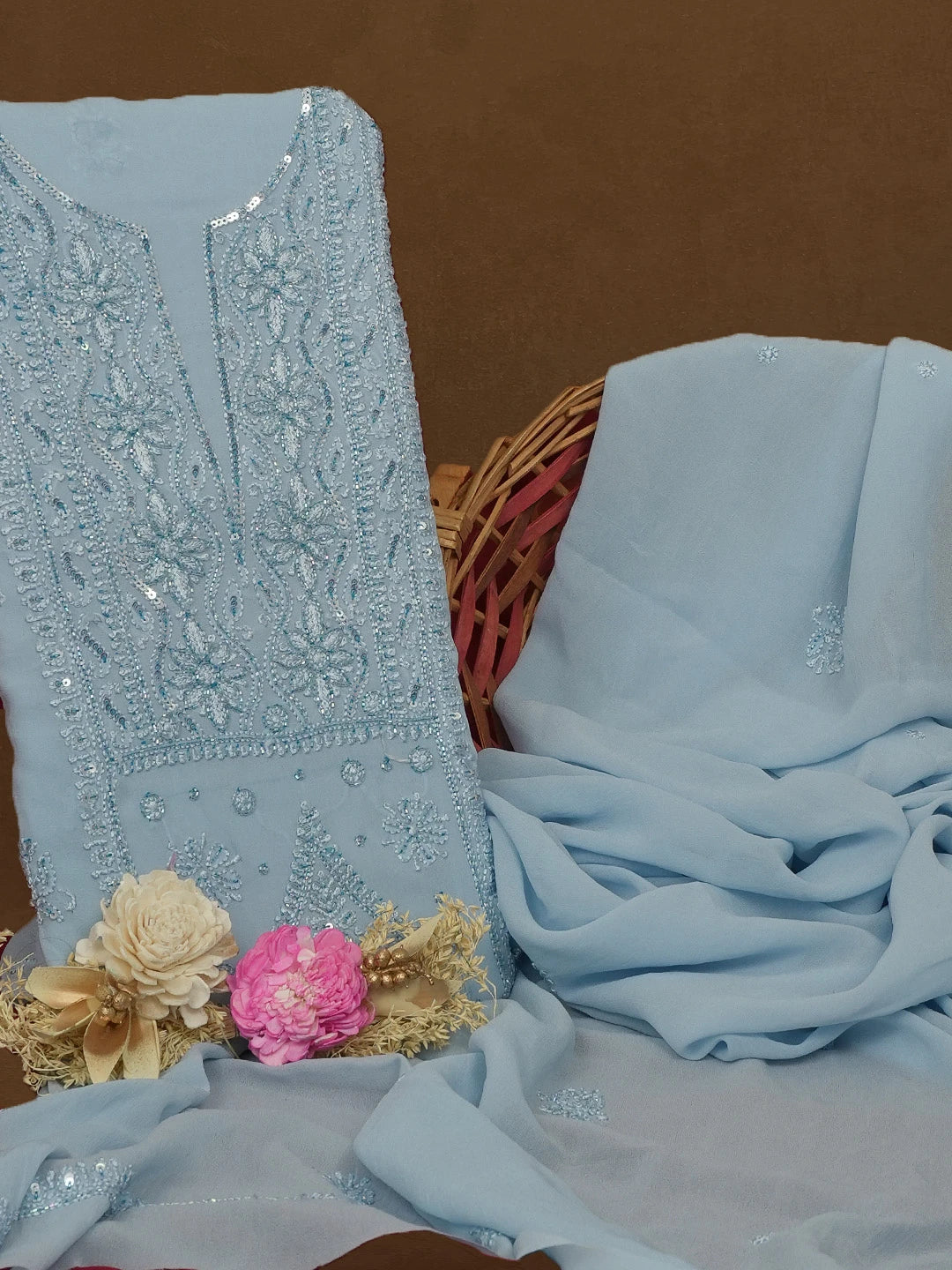 Ada Hand Embroidered Light Sky Blue Viscose Georgette Lucknowi Chikankari Unstitched Kurta Dupatta Set With Sequinned Work 01A539536