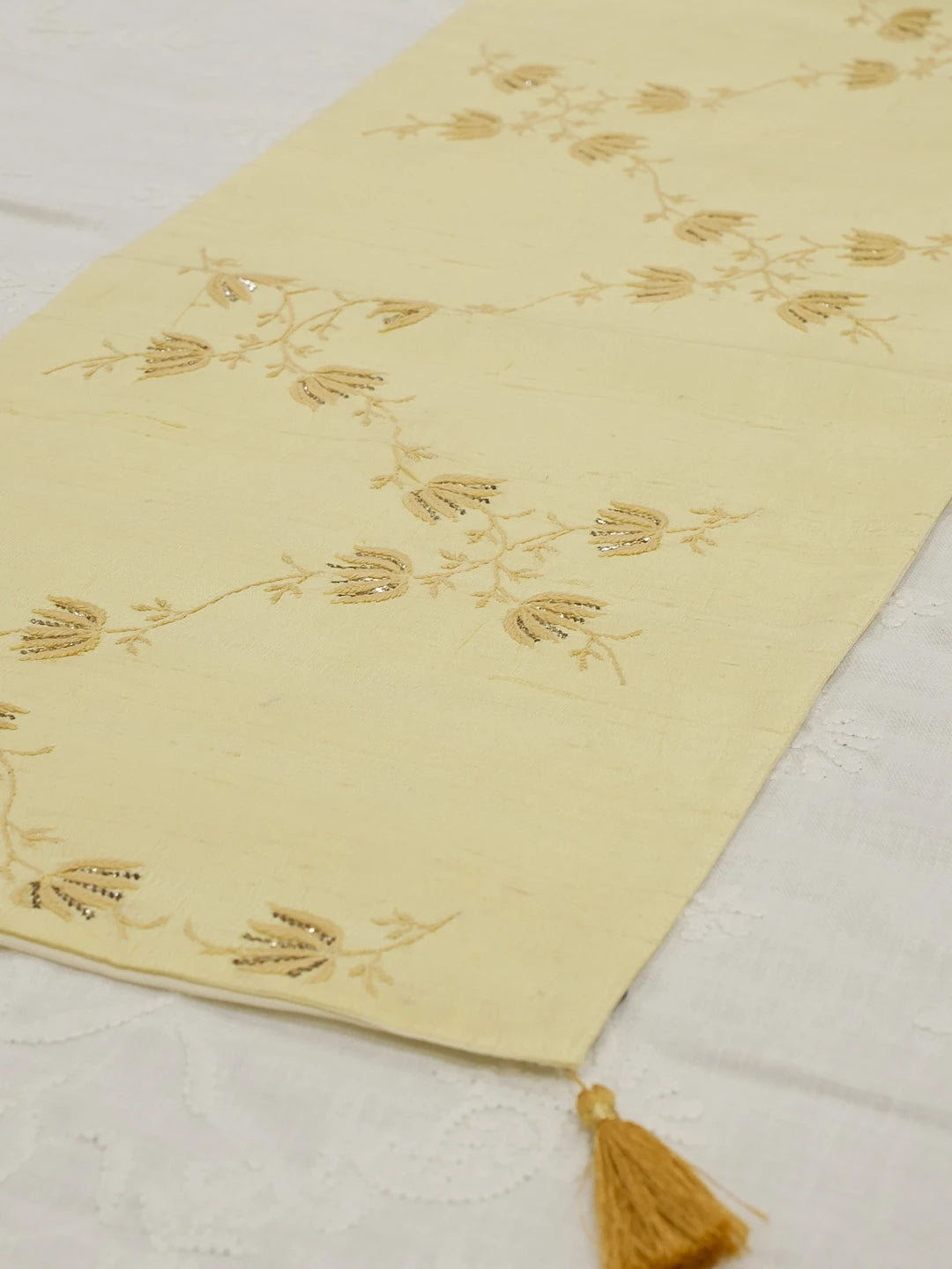 Ada Hand Embroidered Wheat Yellow Silk Lucknowi Chikankari Table Runner With Muqaish Work 01A596207