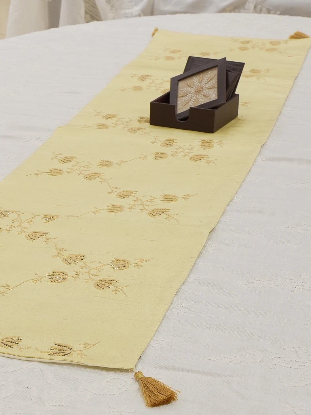 Ada Hand Embroidered Wheat Yellow Silk Lucknowi Chikankari Table Runner With Muqaish Work 01A596207