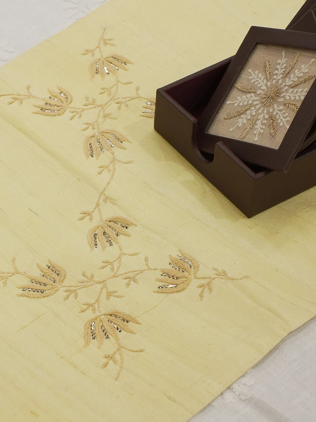 Ada Hand Embroidered Wheat Yellow Silk Lucknowi Chikankari Table Runner With Muqaish Work 01A596207