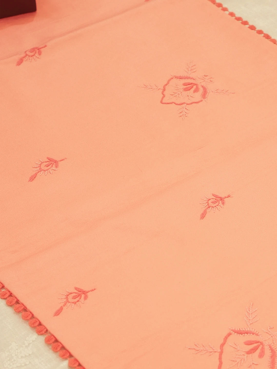 Ada Hand Embroidered Peach Pink Chanderi Lucknowi Chikankari Table Runner 01A460075