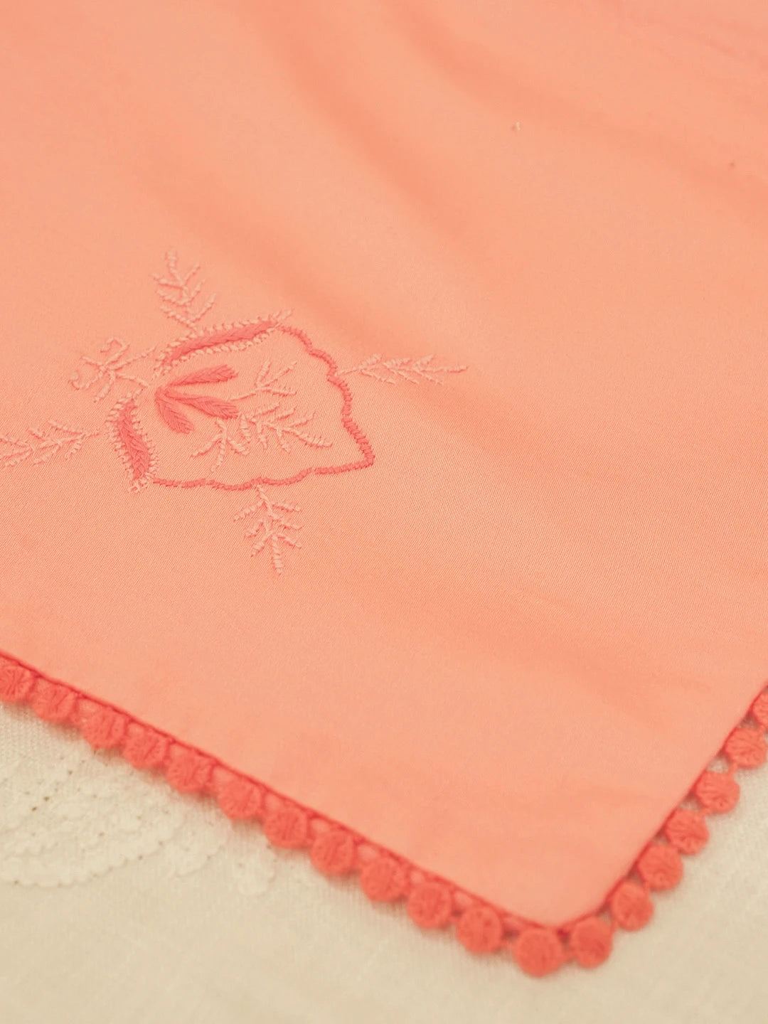 Ada Hand Embroidered Peach Pink Chanderi Lucknowi Chikankari Table Runner 01A460075