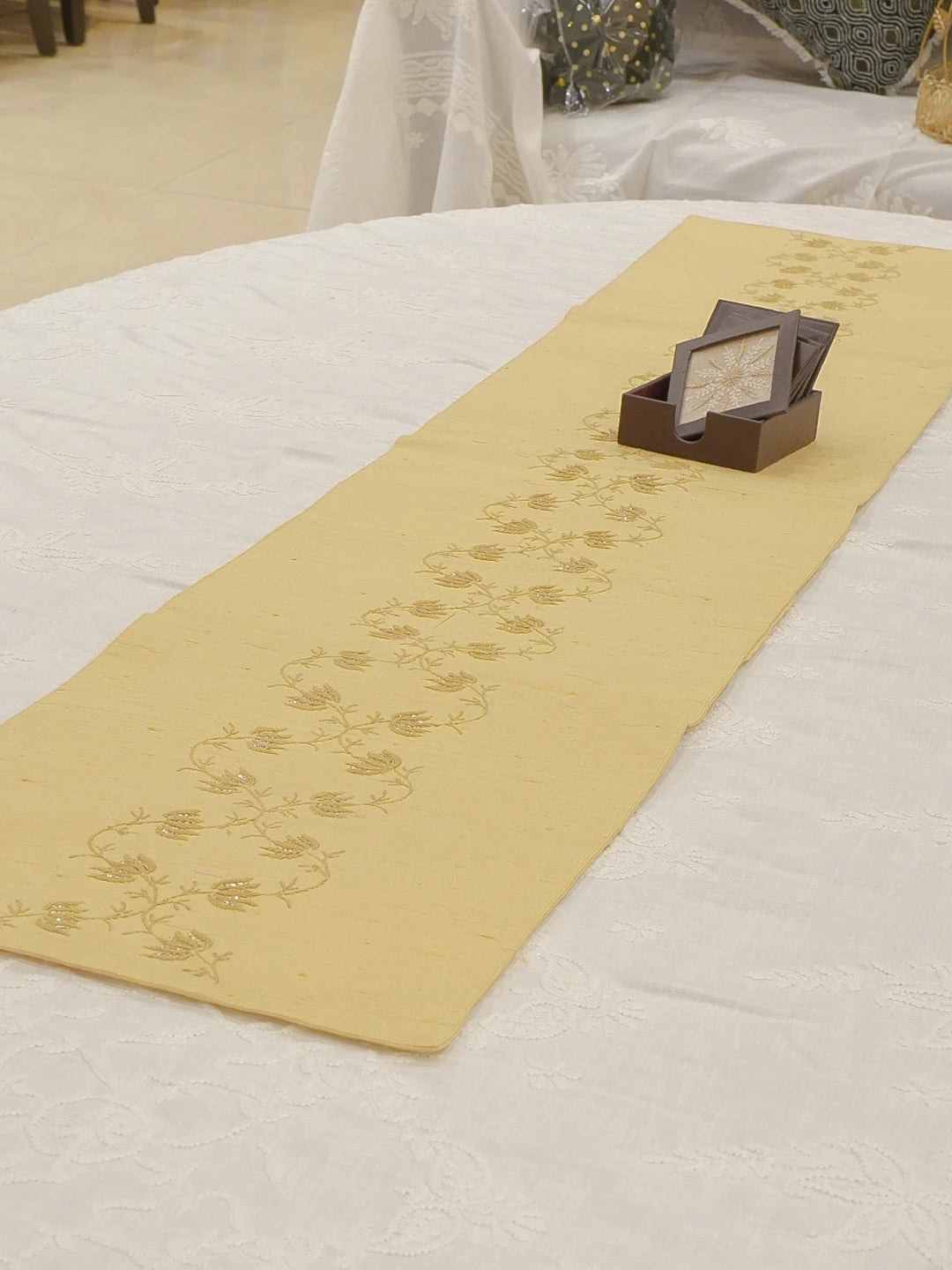 Ada Hand Embroidered Fawn Silk Lucknowi Chikankari Table Runner With Muqaish Work 01A596203