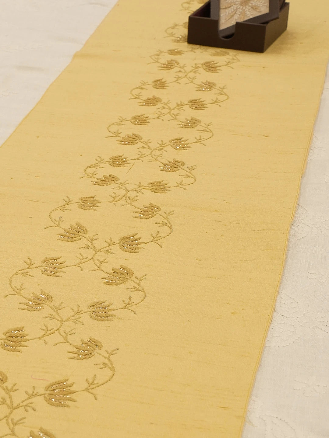Ada Hand Embroidered Fawn Silk Lucknowi Chikankari Table Runner With Muqaish Work 01A596203