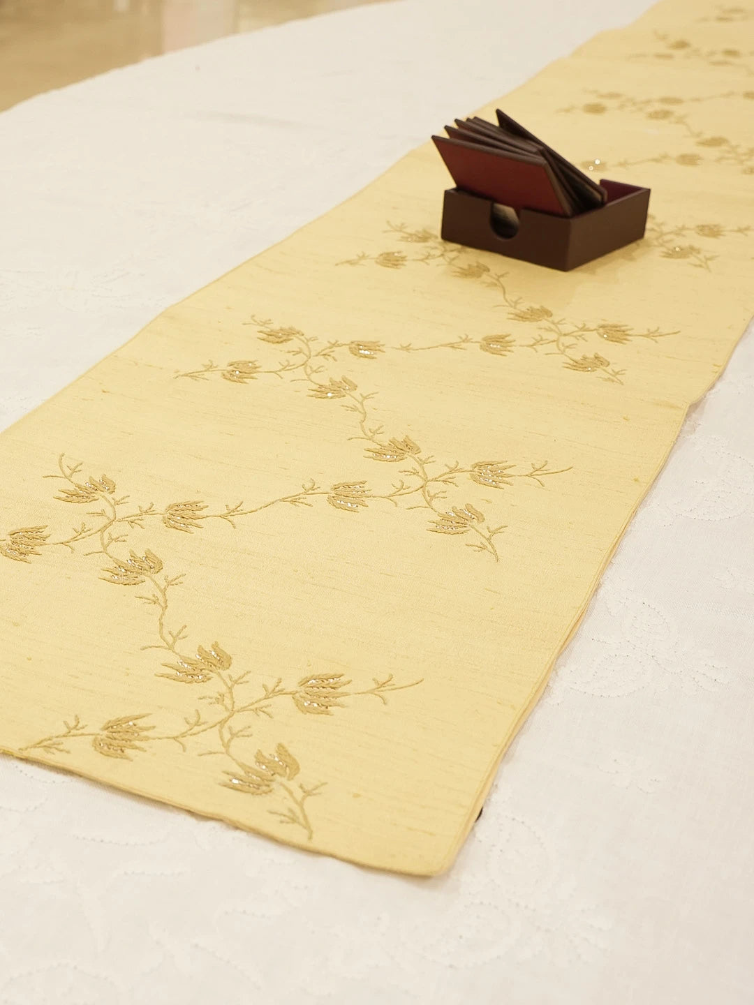 Ada Hand Embroidered Fawn Silk Lucknowi Chikankari Table Runner With Muqaish Work 01A596206