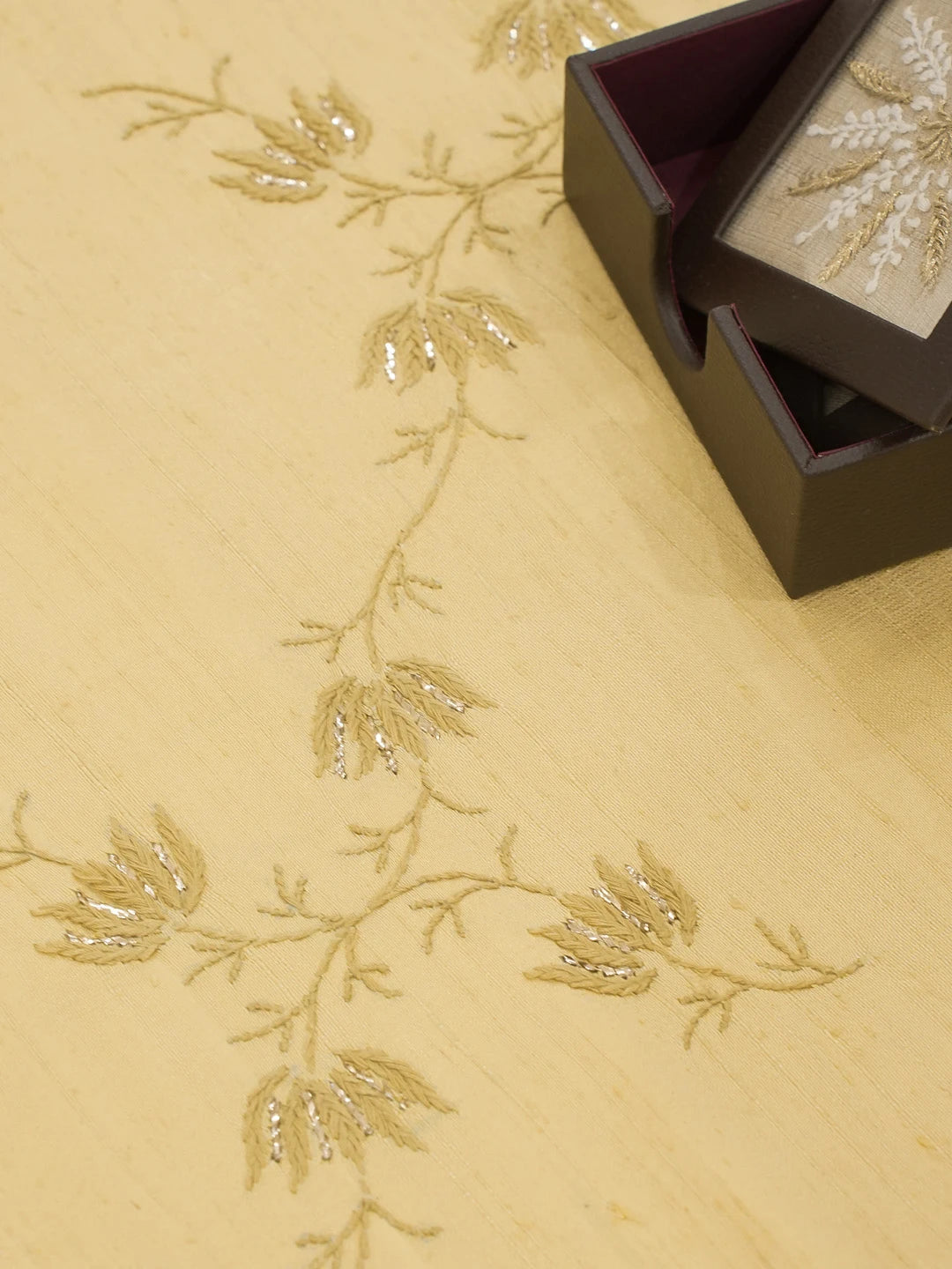 Ada Hand Embroidered Fawn Silk Lucknowi Chikankari Table Runner With Muqaish Work 01A596206