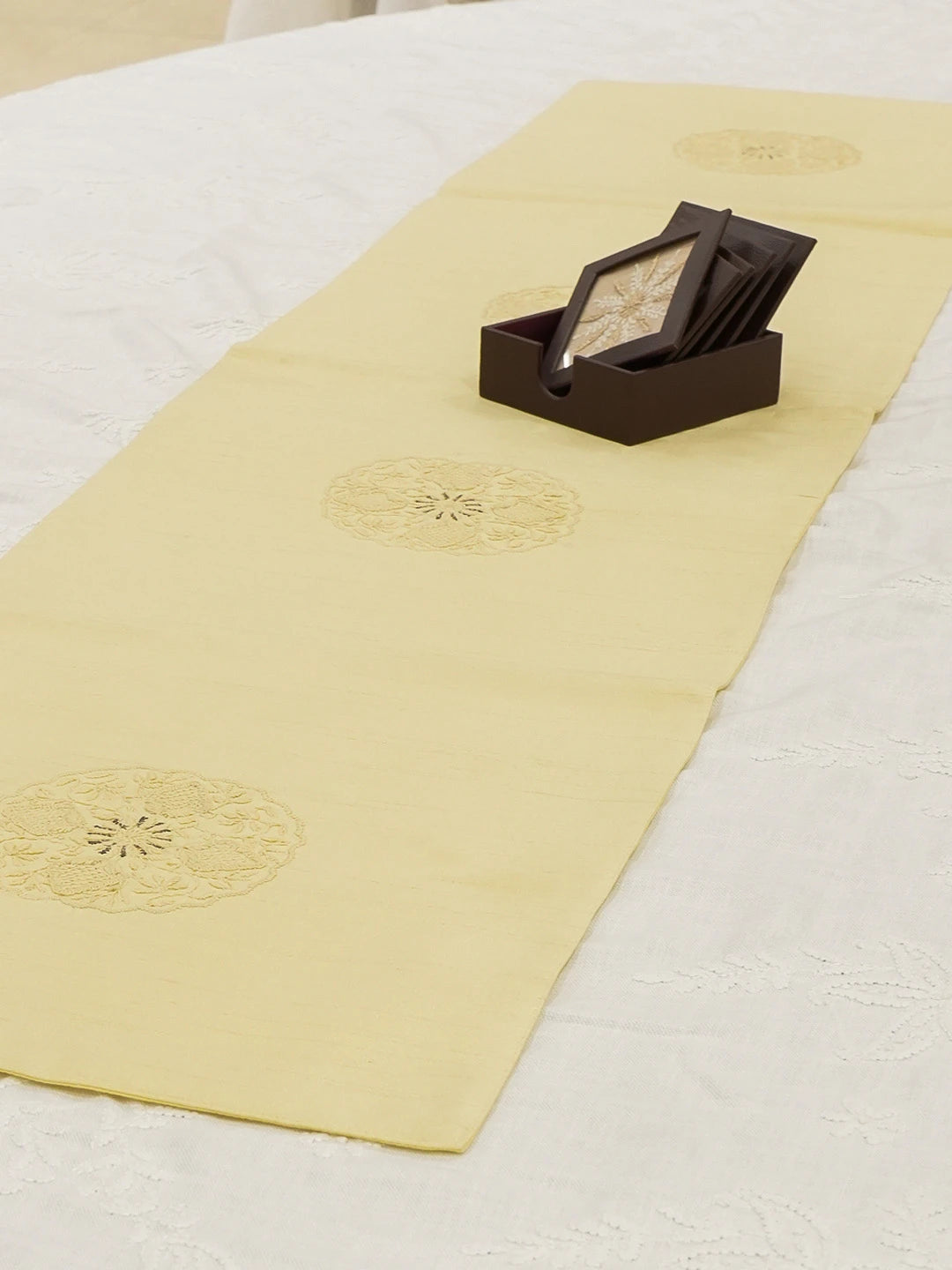 Ada Hand Embroidered Fawn Silk  Lucknowi Chikankari Table Runner With Muqaish Work 01A596205