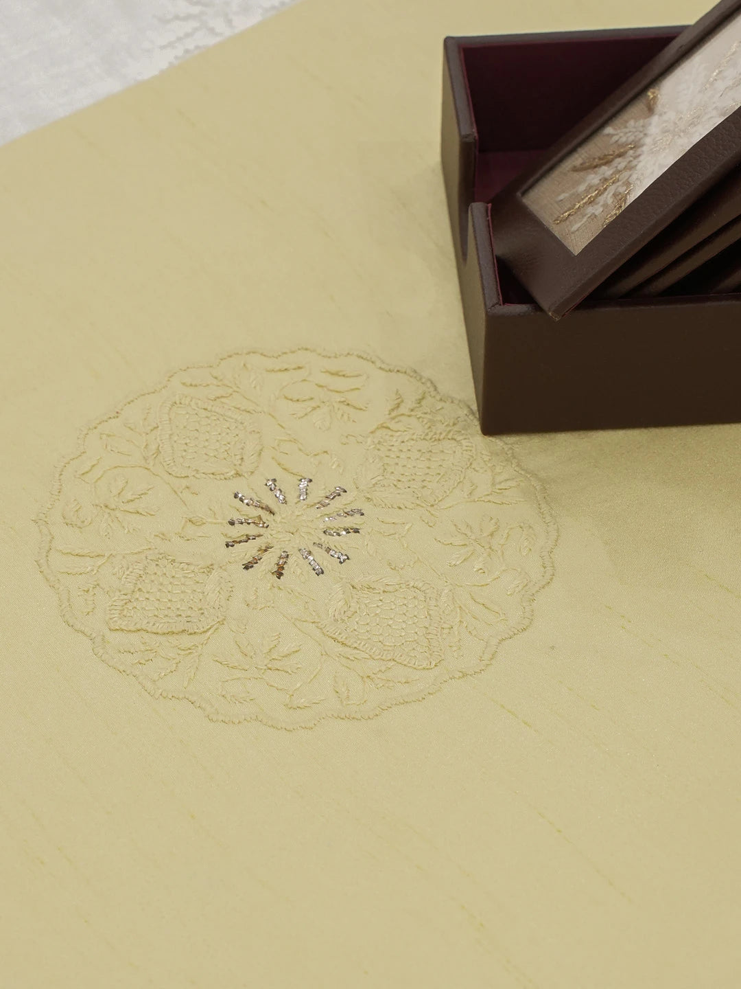 Ada Hand Embroidered Fawn Silk  Lucknowi Chikankari Table Runner With Muqaish Work 01A596205
