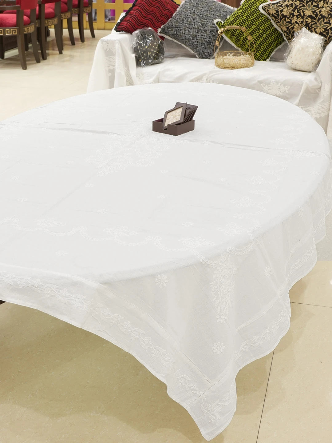 Ada Hand Embroidered White Cotton Lucknowi Chikankari Table Cover 01A272606