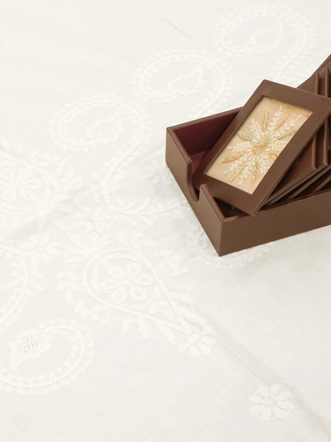 Ada Hand Embroidered White Cotton Lucknowi Chikankari Table Cover 01A272606