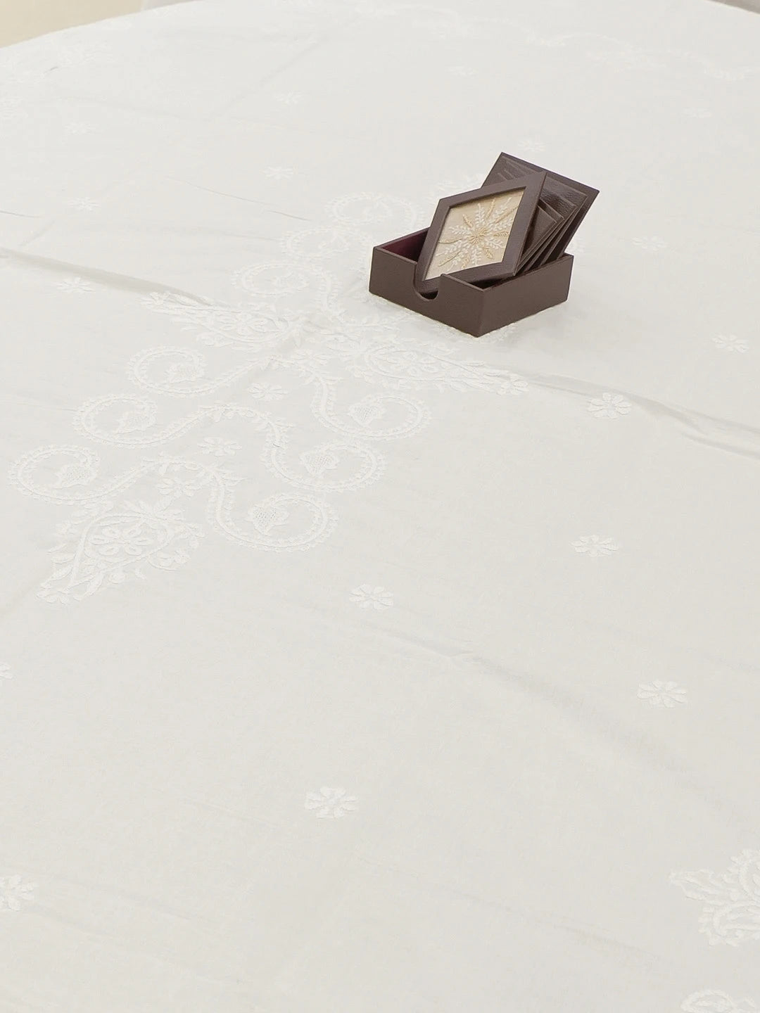 Ada Hand Embroidered White Cotton Lucknowi Chikankari Table Cover 01A272606