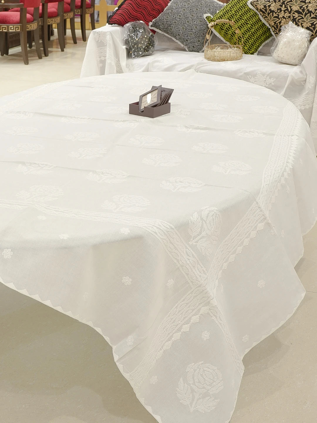 Ada Hand Embroidered White Cotton Lucknowi Chikankari Table Runner 01A520113