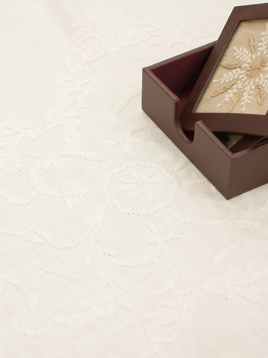 Ada Hand Embroidered White Cotton Lucknowi Chikankari Table Cover 01A119851