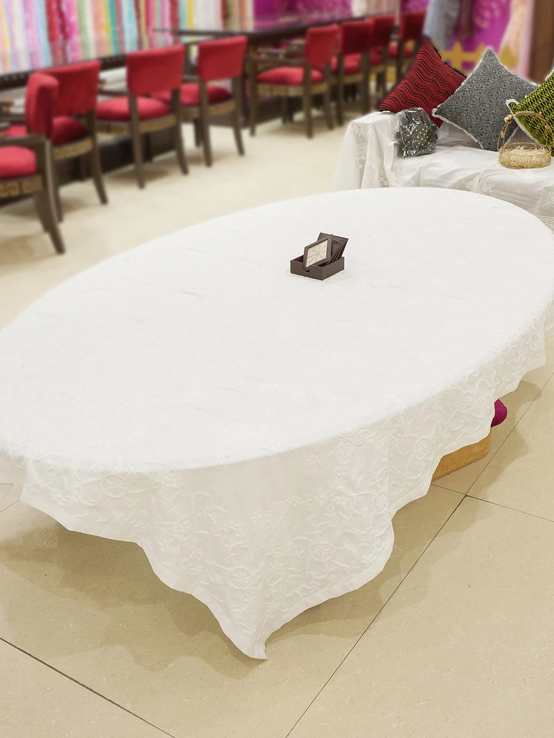 Ada Hand Embroidered White Cotton Lucknowi Chikankari Table Cover 01A119851
