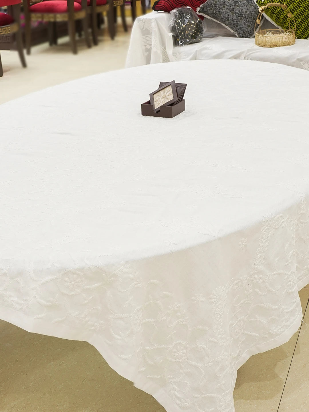 Ada Hand Embroidered White Cotton Lucknowi Chikankari Table Cover 01A119851