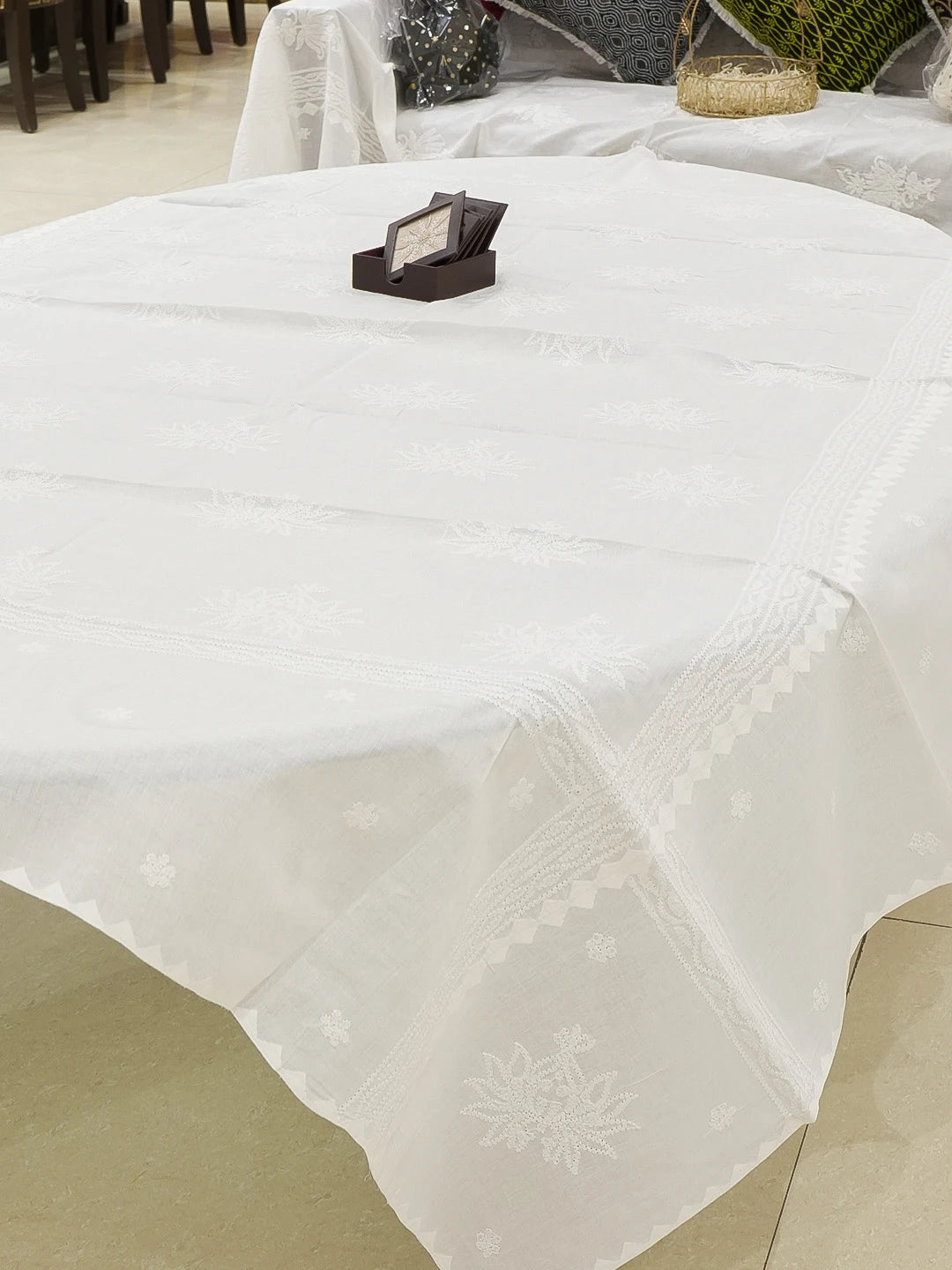 Ada Hand Embroidered White Cotton Lucknowi Chikankari Table Runner 01A475093