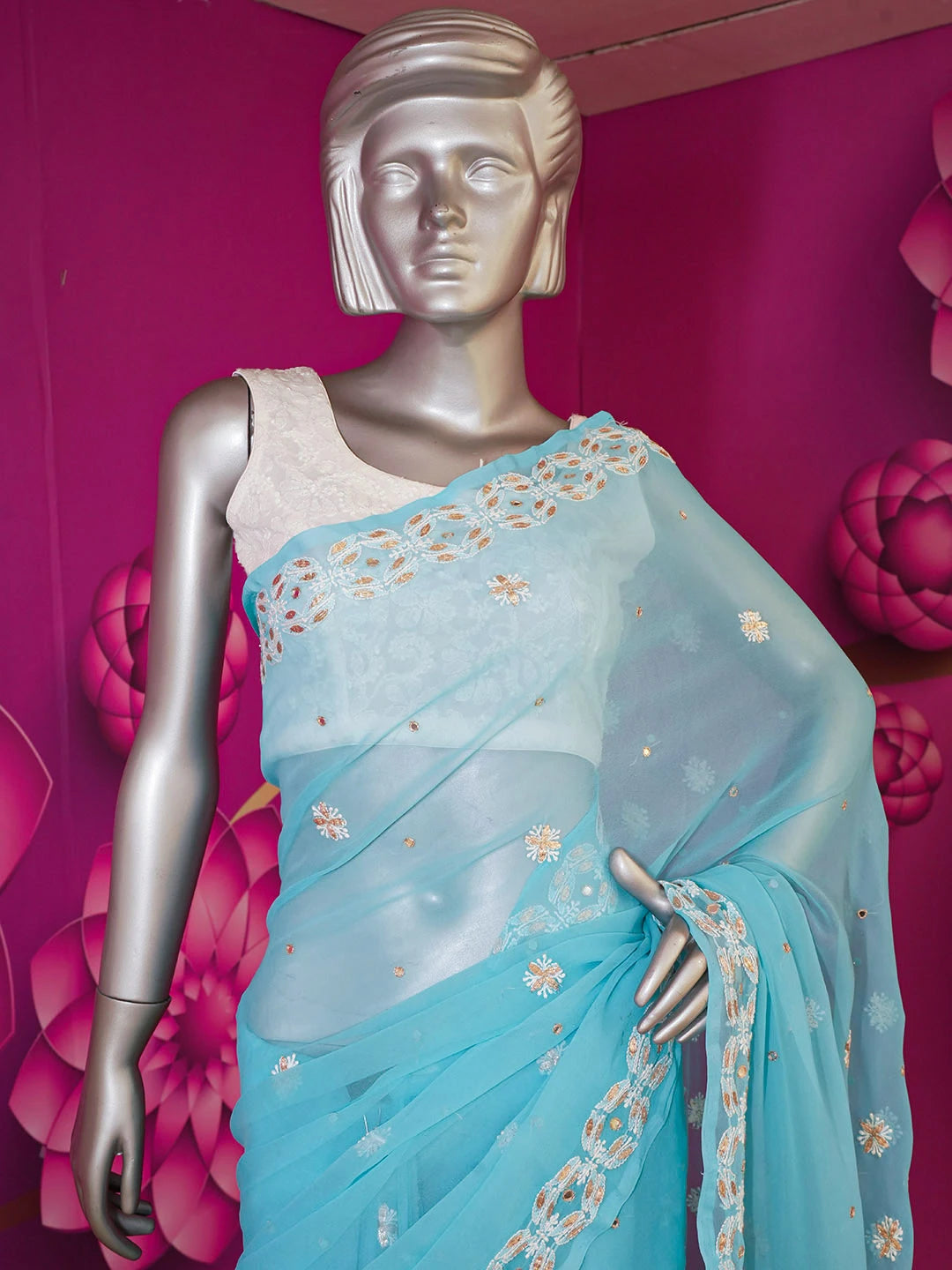 Ada Hand Embroidered Sky Blue Georgette Lucknowi Chikankari Saree and Blouse with Gota Patti Work 01A130151