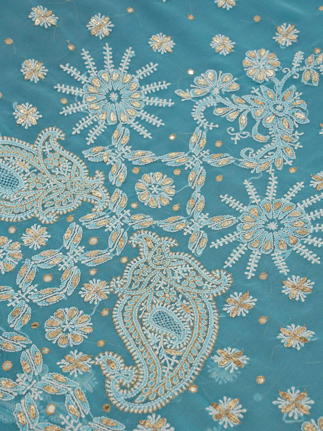 Ada Hand Embroidered Sky Blue Georgette Lucknowi Chikankari Saree and Blouse with Gota Patti Work 01A130151