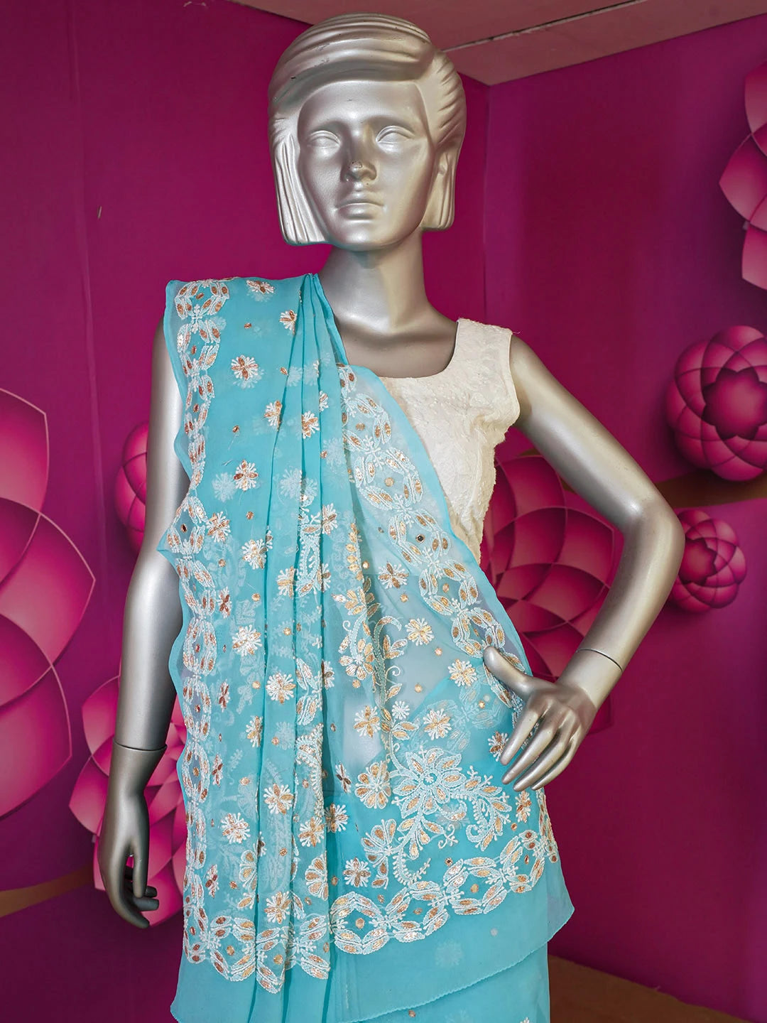 Ada Hand Embroidered Sky Blue Georgette Lucknowi Chikankari Saree and Blouse with Gota Patti Work 01A130151