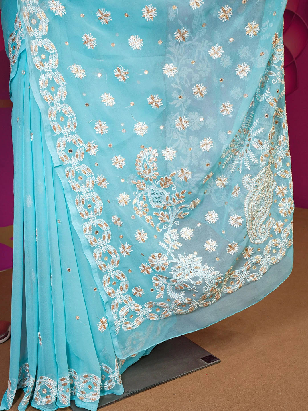 Ada Hand Embroidered Sky Blue Georgette Lucknowi Chikankari Saree and Blouse with Gota Patti Work 01A130151