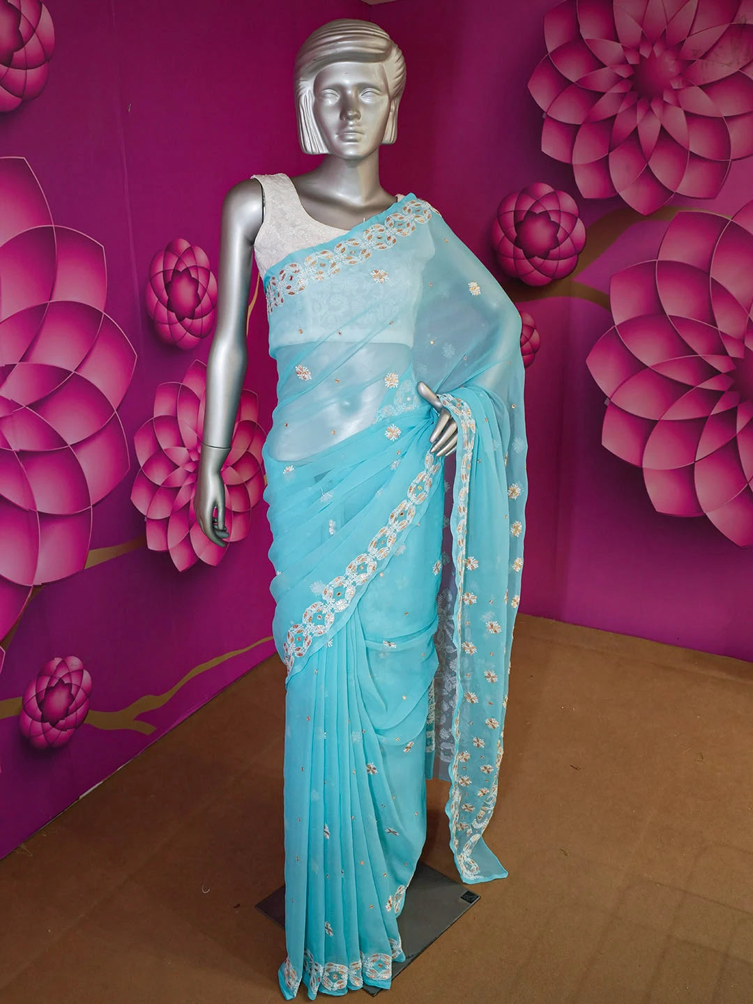Ada Hand Embroidered Sky Blue Georgette Lucknowi Chikankari Saree and Blouse with Gota Patti Work 01A130151