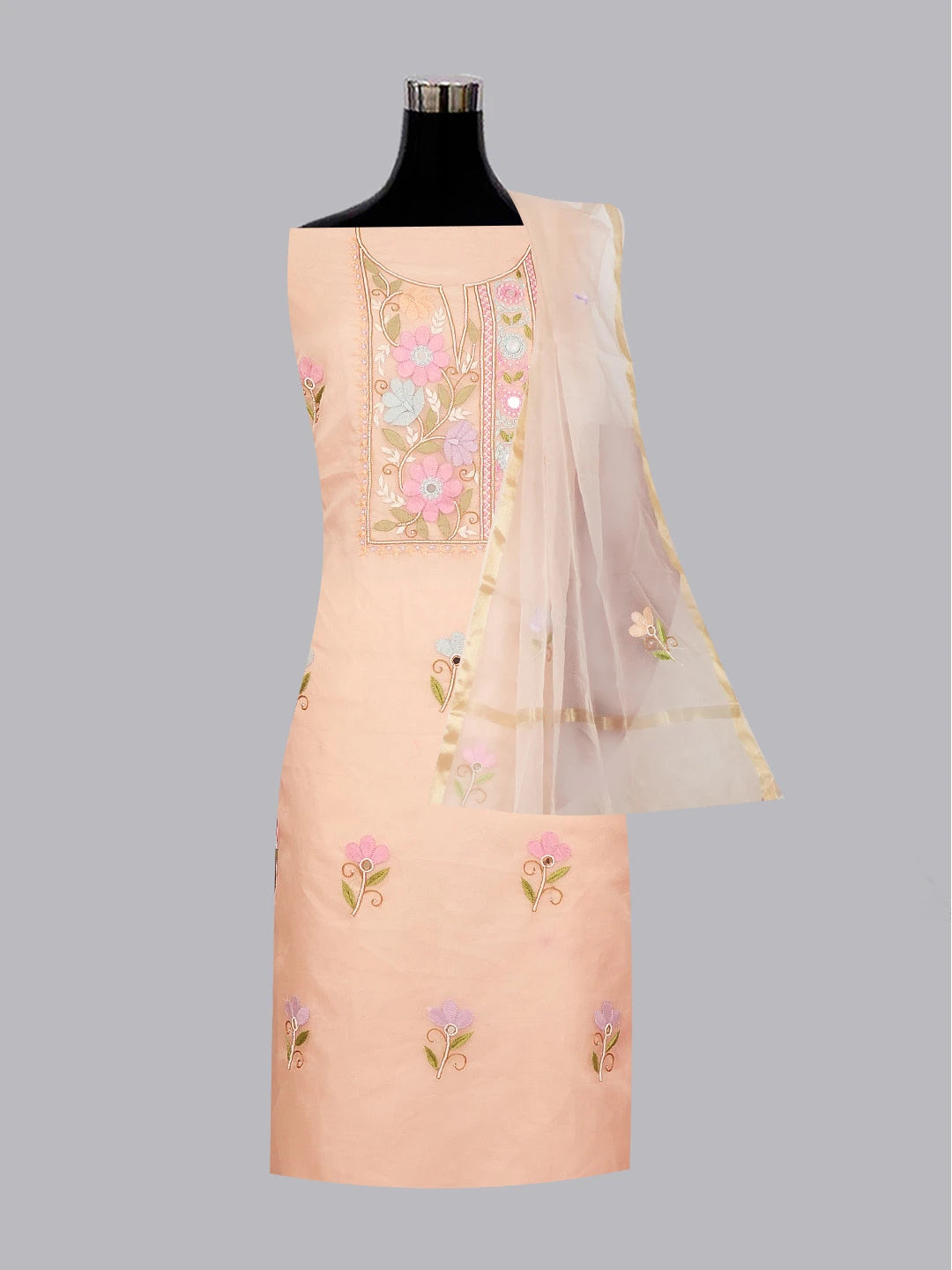 Ada Hand Embroidered Peach Organza Lucknowi Chikankari Unstitched Kurta Dupatta Set With Parsi Work 01A582331