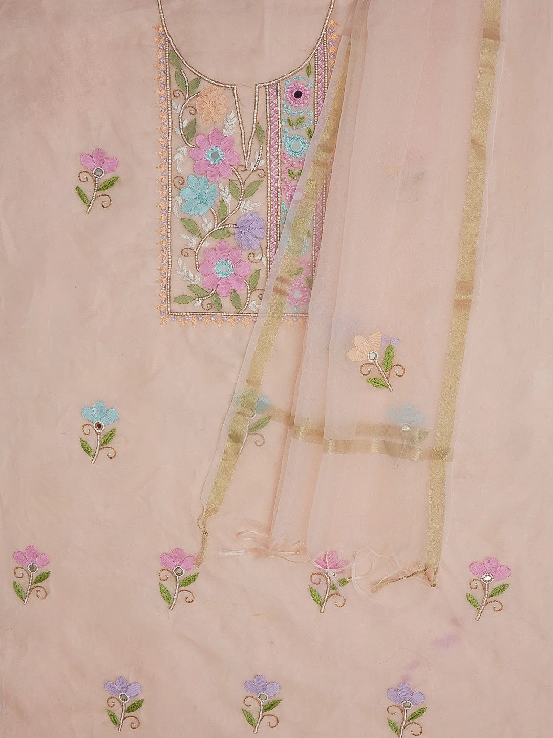 Ada Hand Embroidered Peach Organza Lucknowi Chikankari Unstitched Kurta Dupatta Set With Parsi Work 01A582331