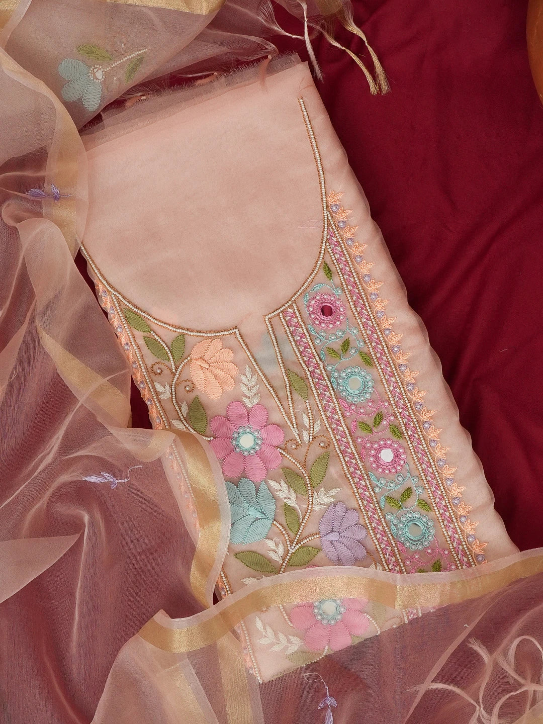 Ada Hand Embroidered Peach Organza Lucknowi Chikankari Unstitched Kurta Dupatta Set With Parsi Work 01A582331