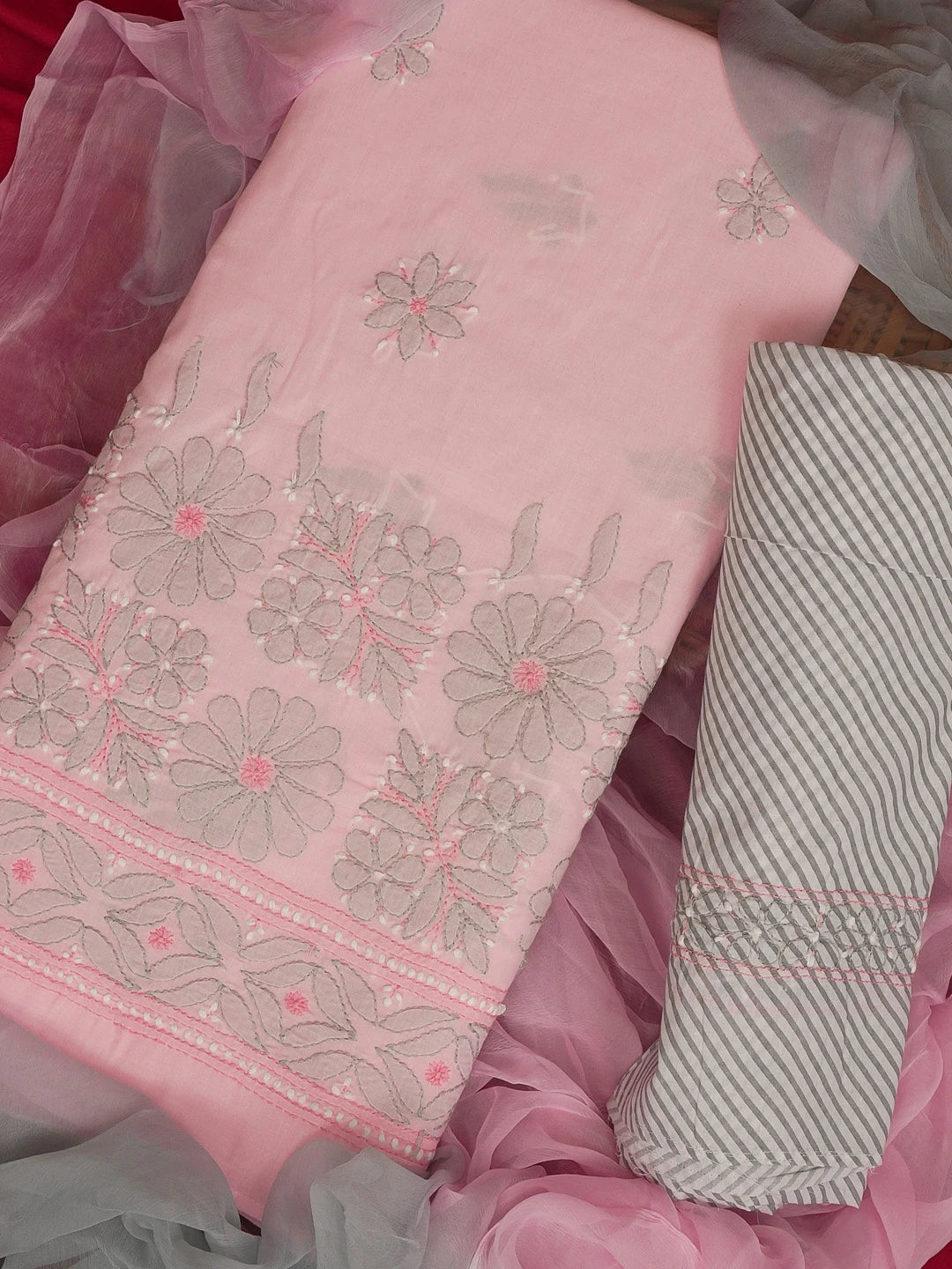 Ada Hand Embroidered Pink Cotton Lucknowi Chikankari Unstitched Suit Piece 01A595821