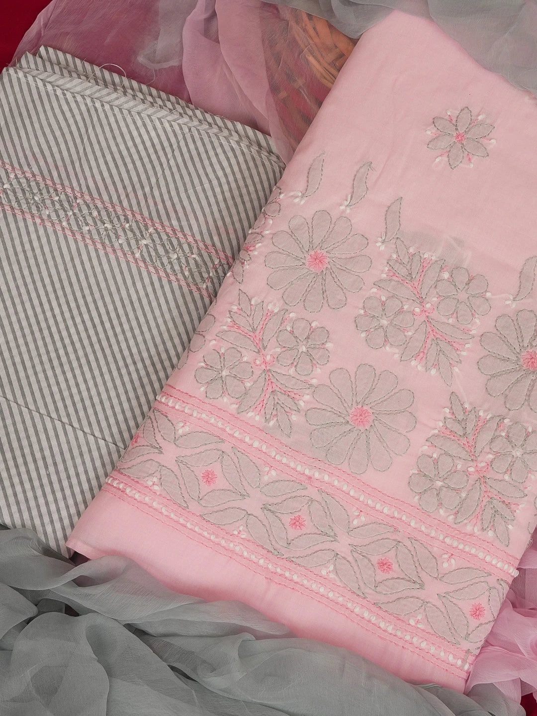 Ada Hand Embroidered Pink Cotton Lucknowi Chikankari Unstitched Suit Piece 01A595821