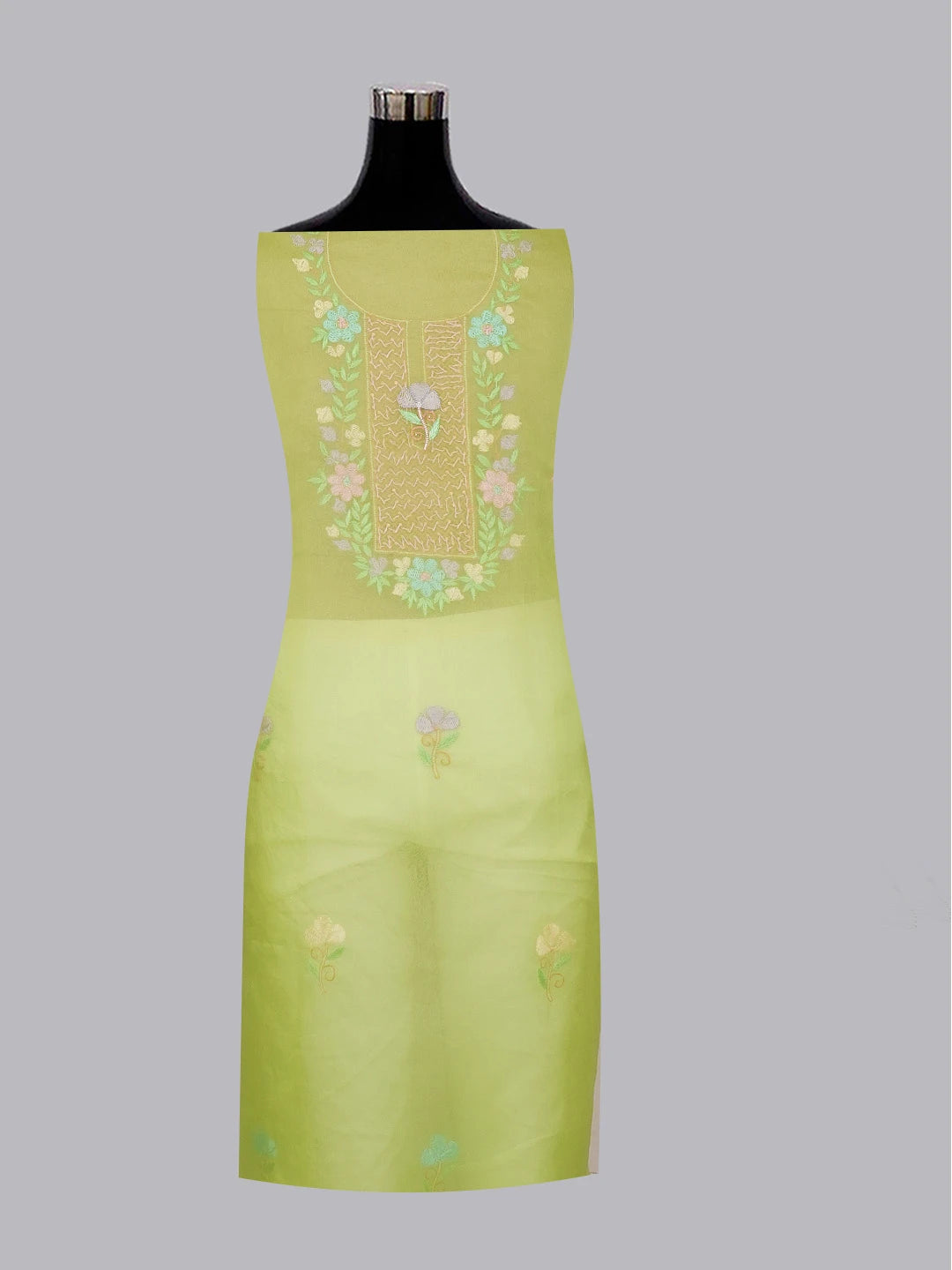 Ada Hand Embroidered Green Organza Lucknowi Chikankari Unstitched Kurta Dupatta Set With Parsi Work 01A582337