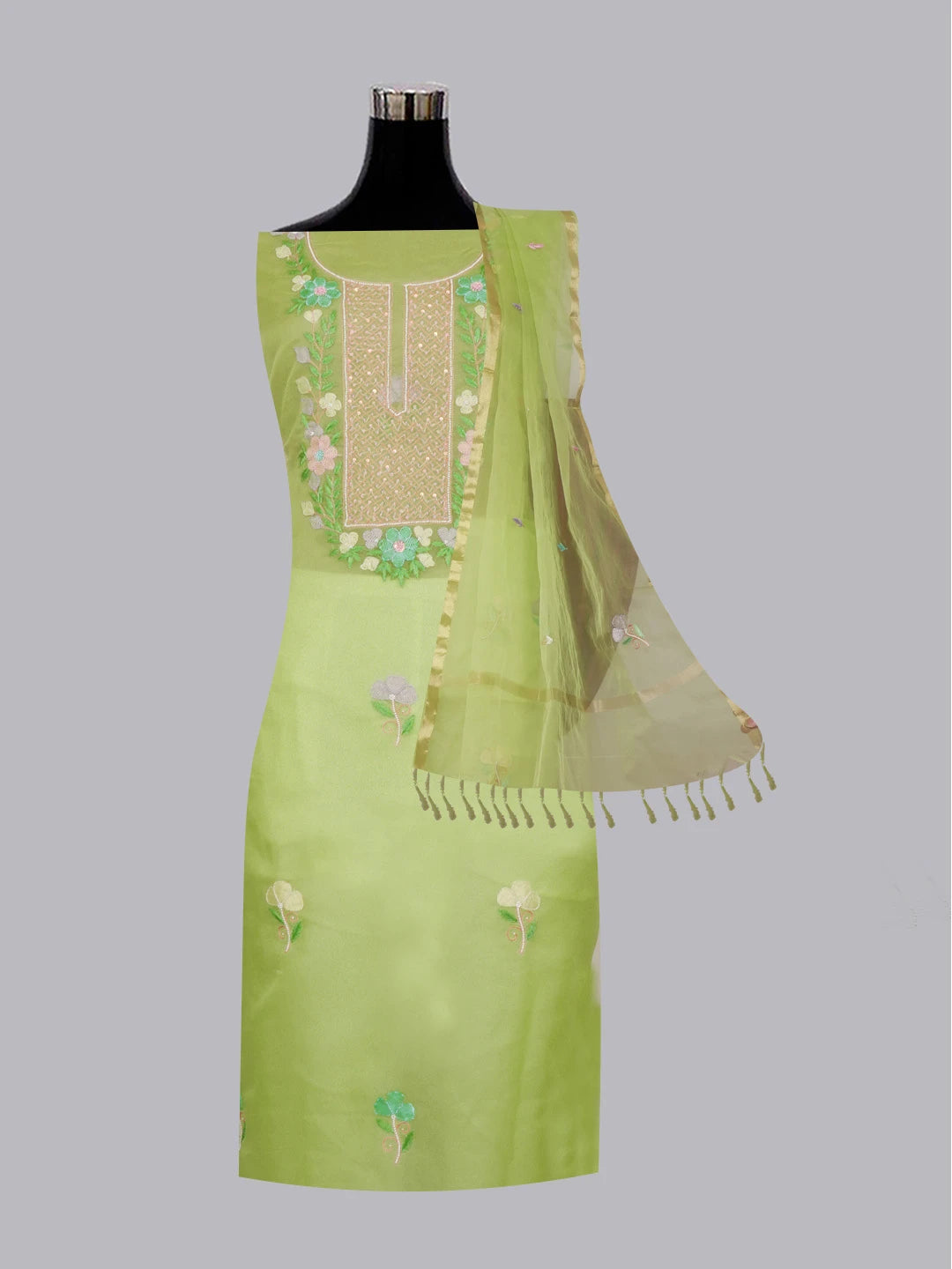 Ada Hand Embroidered Green Organza Lucknowi Chikankari Unstitched Kurta Dupatta Set With Parsi Work 01A582337