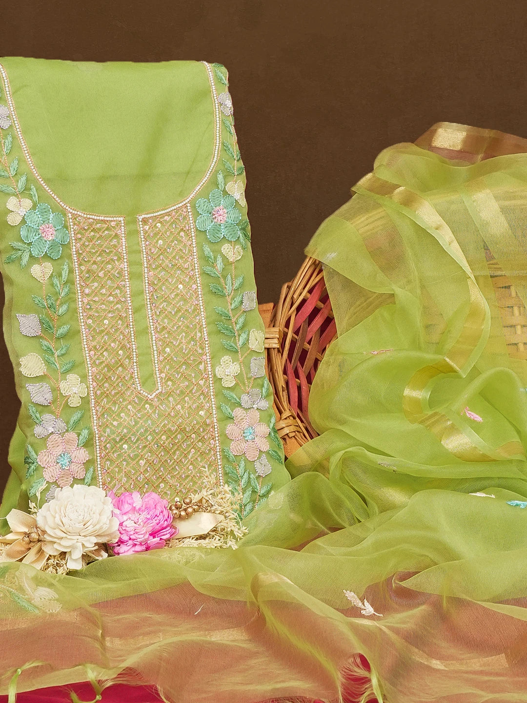 Ada Hand Embroidered Green Organza Lucknowi Chikankari Unstitched Kurta Dupatta Set With Parsi Work 01A582337