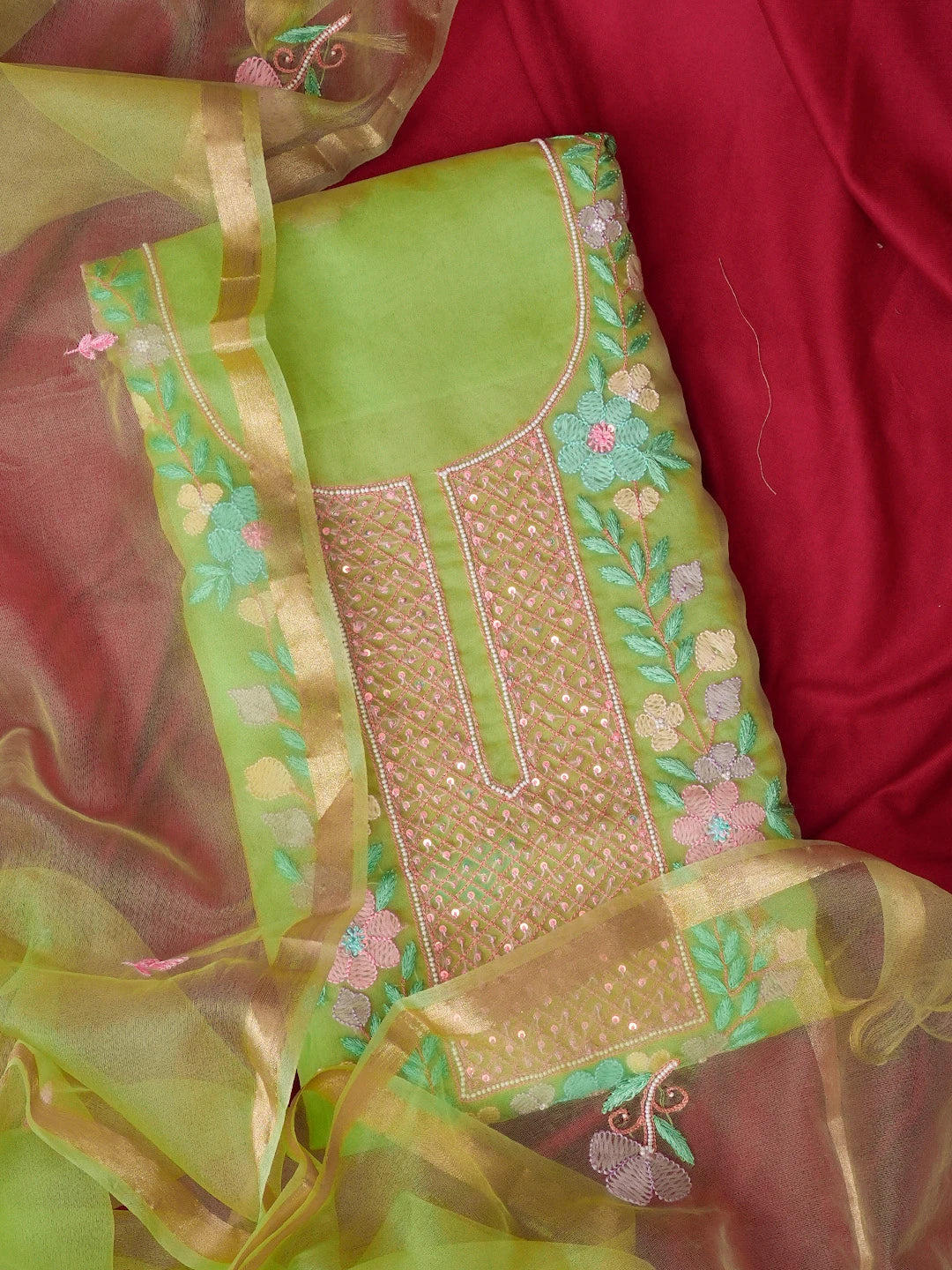 Ada Hand Embroidered Green Organza Lucknowi Chikankari Unstitched Kurta Dupatta Set With Parsi Work 01A582337