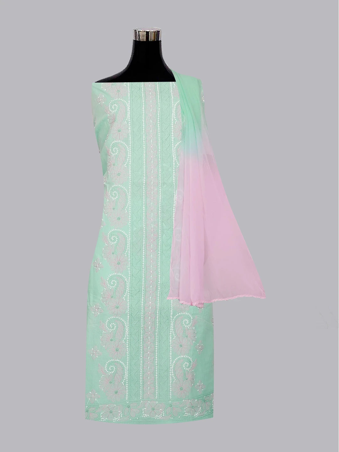 Ada Hand Embroidered Sea Green Cotton Lucknowi Chikankari Unstitched Suit Piece 01A595802