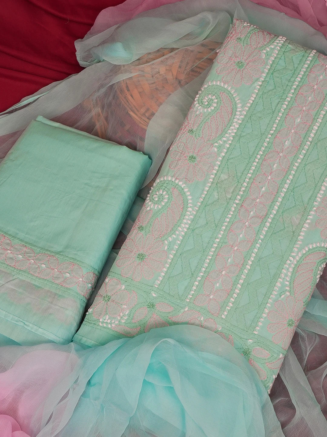 Ada Hand Embroidered Sea Green Cotton Lucknowi Chikankari Unstitched Suit Piece 01A595802