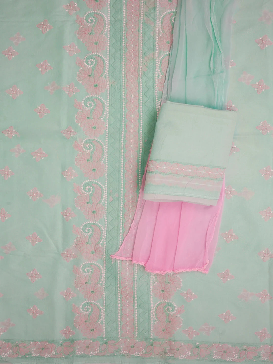 Ada Hand Embroidered Sea Green Cotton Lucknowi Chikankari Unstitched Suit Piece 01A595802