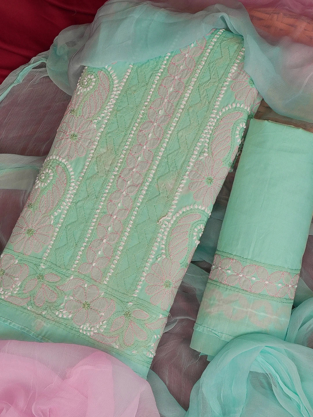 Ada Hand Embroidered Sea Green Cotton Lucknowi Chikankari Unstitched Suit Piece 01A595802