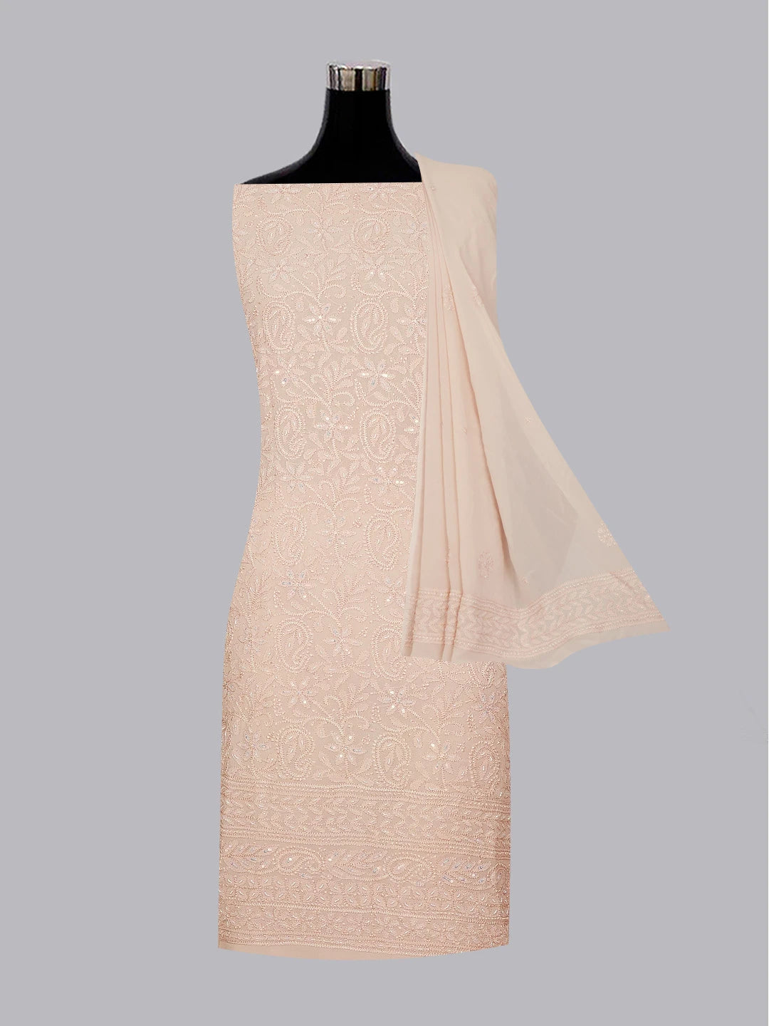 Ada Hand Embroidered Dusty Peach Viscose Georgette Lucknowi Chikankari Unstitched Kurta Dupatta Set With Pearl Work 01A578818
