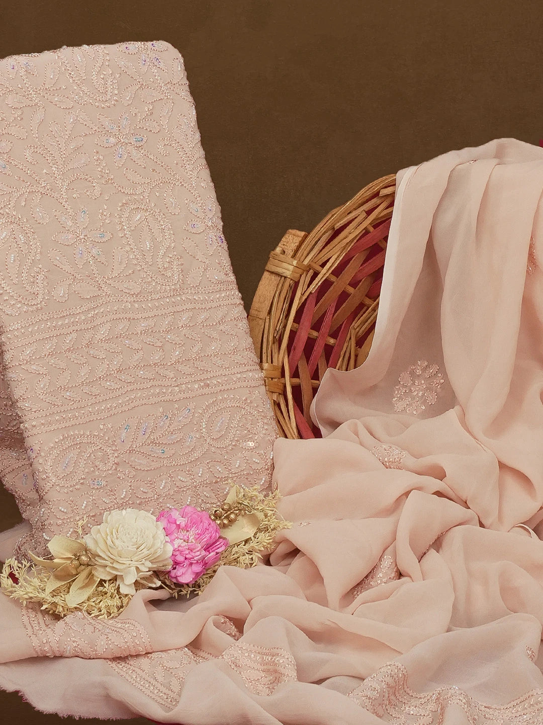 Ada Hand Embroidered Dusty Peach Viscose Georgette Lucknowi Chikankari Unstitched Kurta Dupatta Set With Pearl Work 01A578818