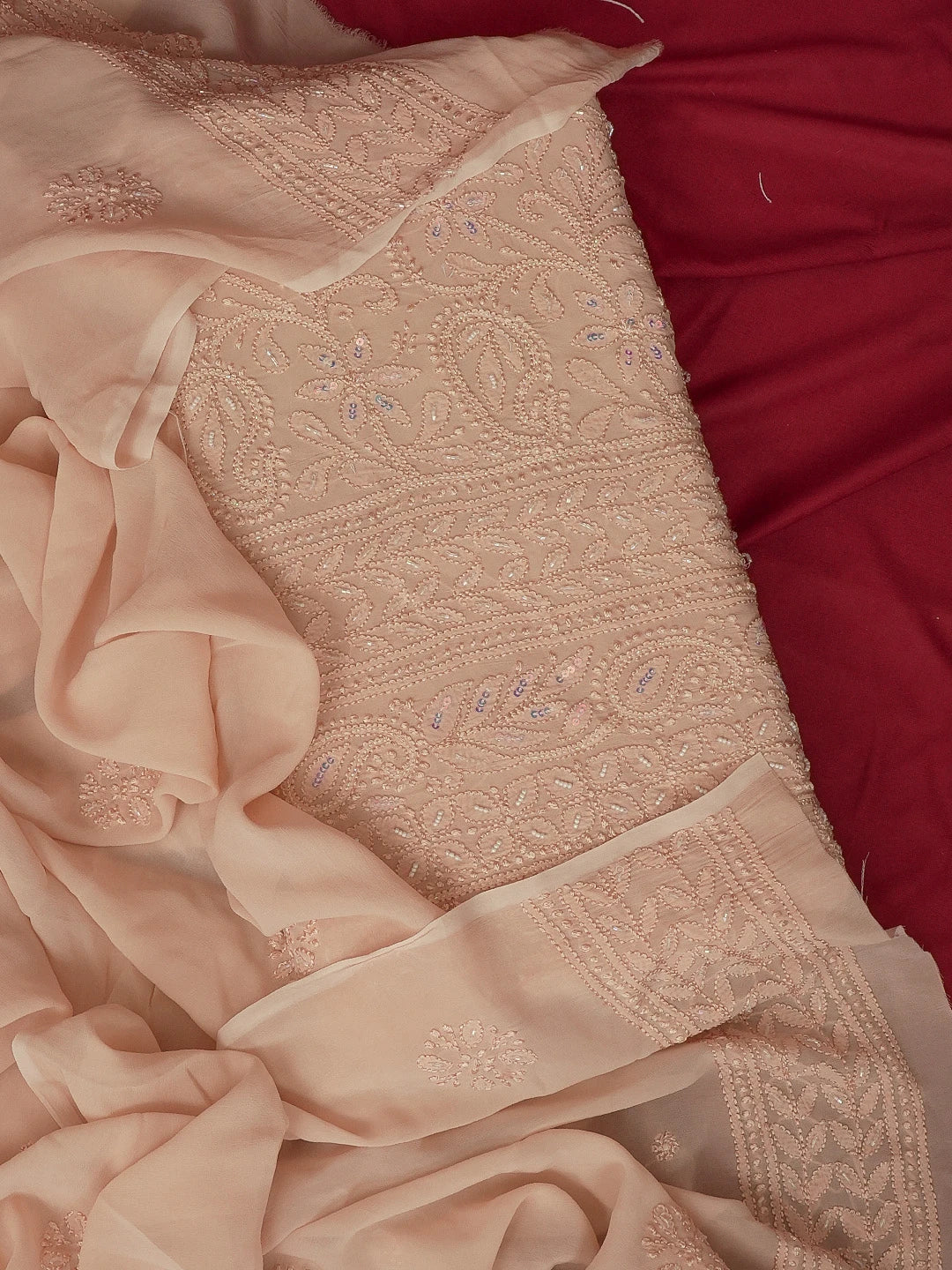 Ada Hand Embroidered Dusty Peach Viscose Georgette Lucknowi Chikankari Unstitched Kurta Dupatta Set With Pearl Work 01A578818