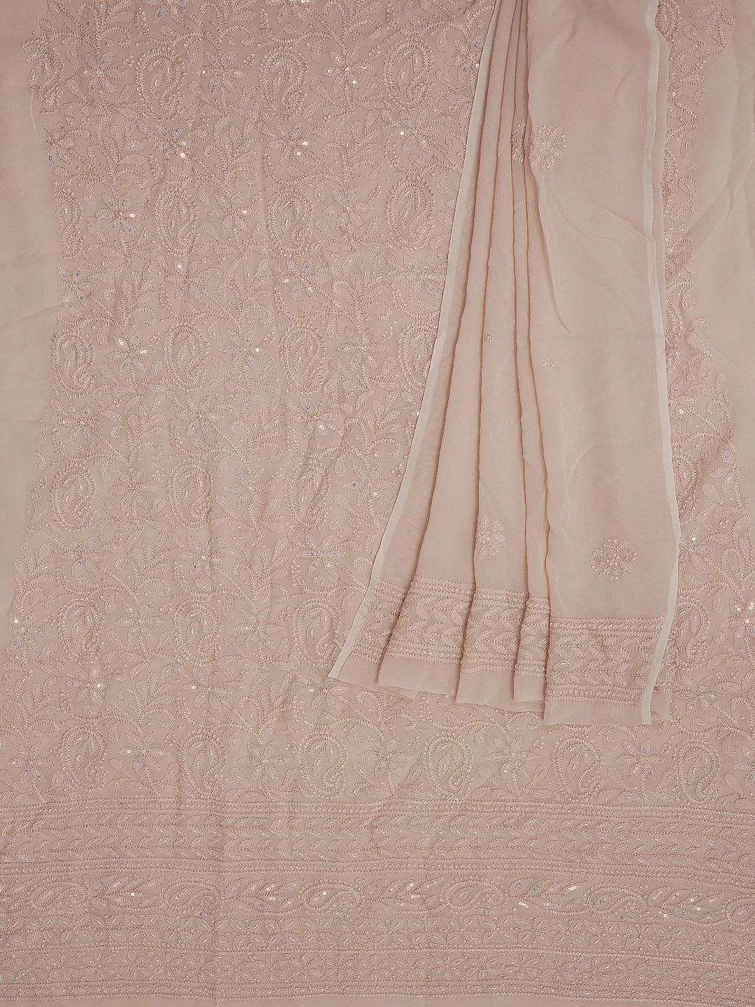 Ada Hand Embroidered Dusty Peach Viscose Georgette Lucknowi Chikankari Unstitched Kurta Dupatta Set With Pearl Work 01A578818