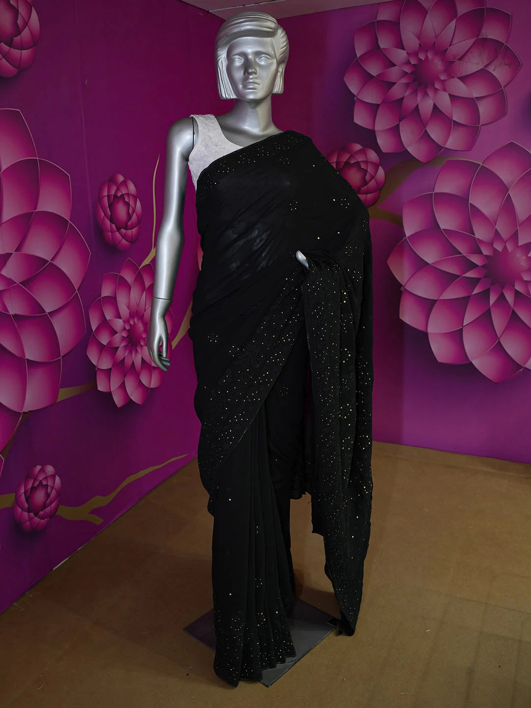 Ada Hand Embroidered Black Viscose Georgette Lucknowi Chikankari Saree With Blouse And Muqaish Work 01A467018