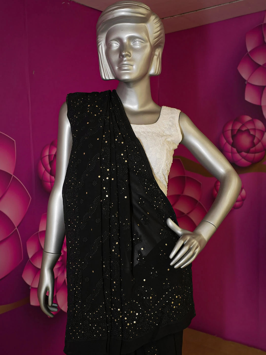 Ada Hand Embroidered Black Viscose Georgette Lucknowi Chikankari Saree With Blouse And Muqaish Work 01A467018