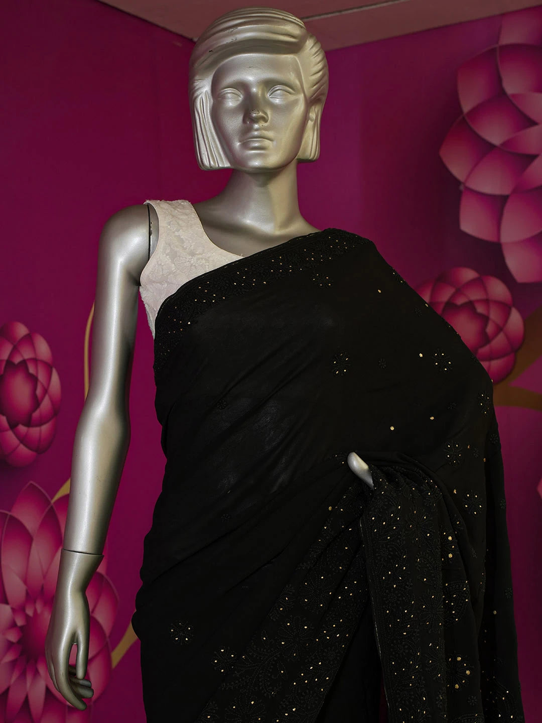 Ada Hand Embroidered Black Viscose Georgette Lucknowi Chikankari Saree With Blouse And Muqaish Work 01A467018