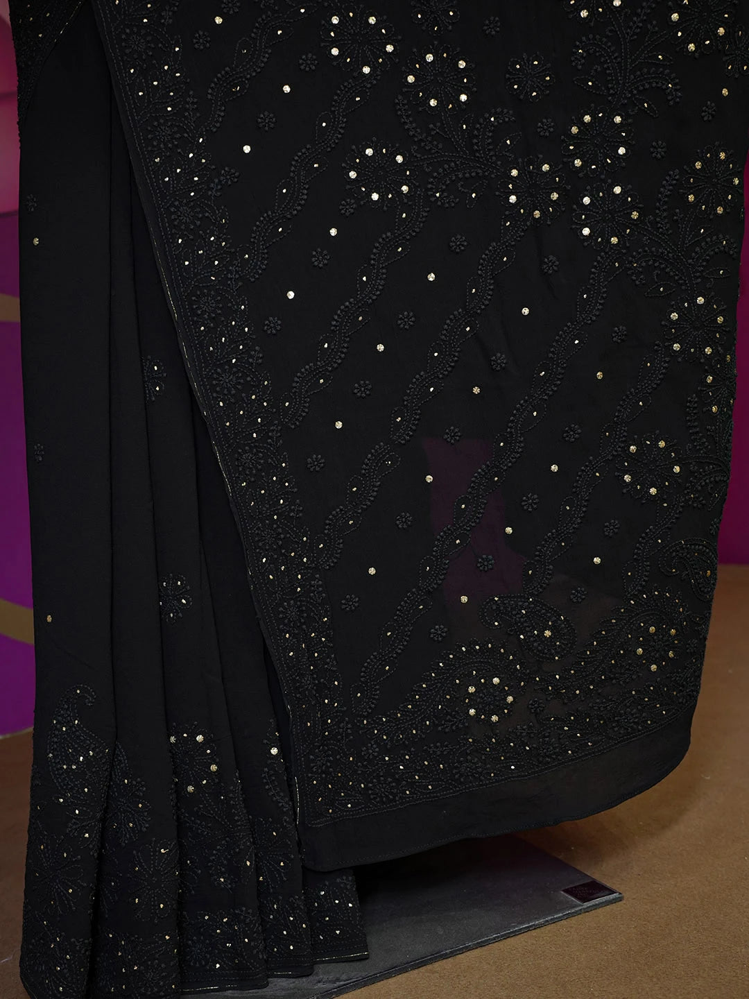 Ada Hand Embroidered Black Viscose Georgette Lucknowi Chikankari Saree With Blouse And Muqaish Work 01A467018