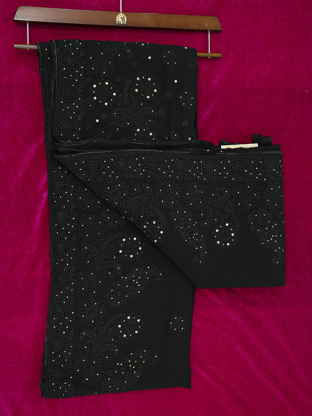 Ada Hand Embroidered Black Viscose Georgette Lucknowi Chikankari Saree With Blouse And Muqaish Work 01A467018