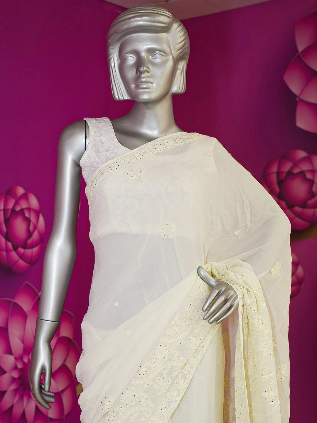 Ada Hand Embroidered Cornsilk White Viscose Georgette Lucknowi Chikankari Saree With Blouse And Muqaish Work 01A585064