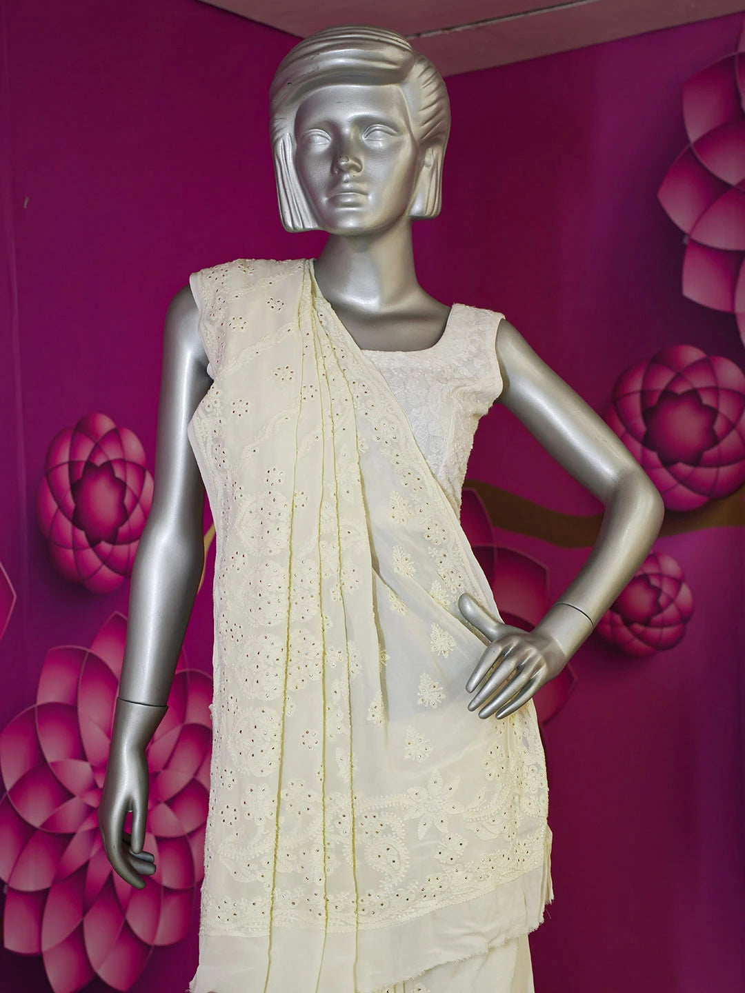 Ada Hand Embroidered Cornsilk White Viscose Georgette Lucknowi Chikankari Saree With Blouse And Muqaish Work 01A585064
